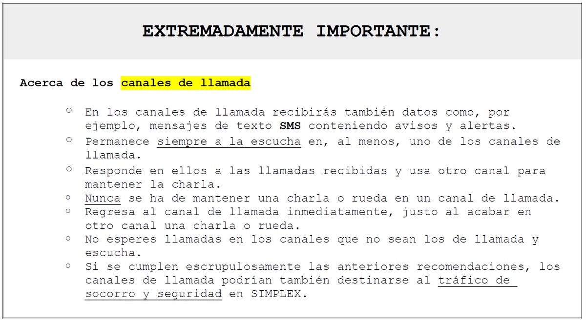 Recomendación de uso de los canales de llamada <strong>1V</strong> y <strong>1U</strong>.