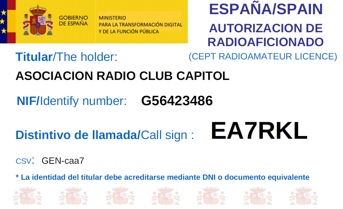 EA7RKL es el distintivo de llamada del Radio Club Capitol.
