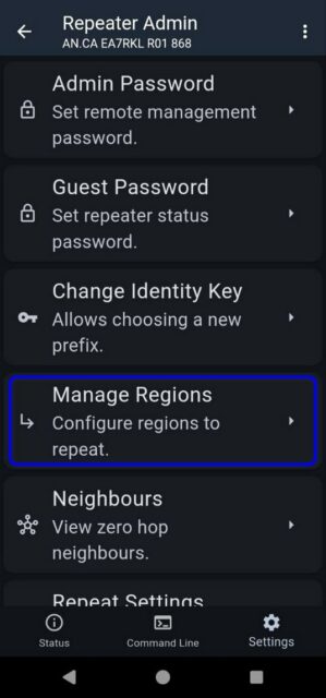 Inicia sesión en el repetidor y ve a Manage Regions bajo Settings.